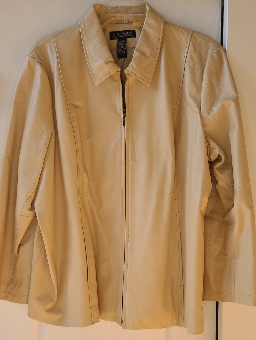 Dialogue Light Cream 100% Genuine Leather Zip-Front Jacket, Size 3X